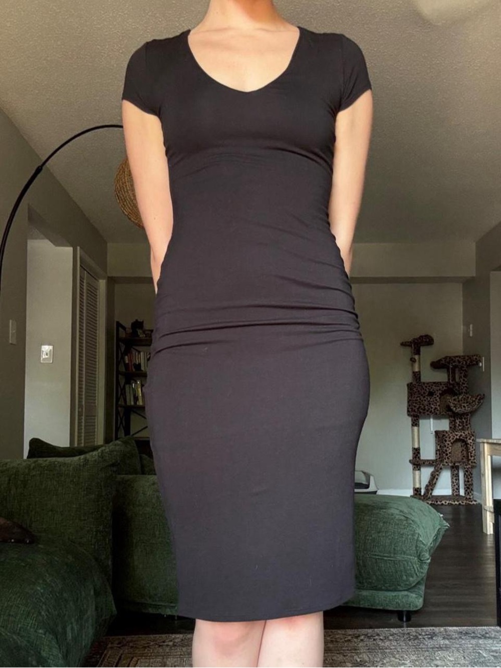 Black V-Neck Bodycon Midi Dress